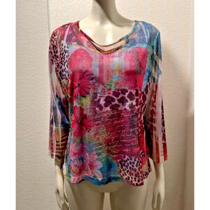 Vtg Y2K Sheer Mesh Abstract Floral Print Top Blouse Pink Animal Print Sz M Lined